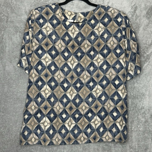 Stunt 2X Shirt Top Blue Brown Geometric Short Sleeve Round Neck Silk Button Back - Picture 1 of 7